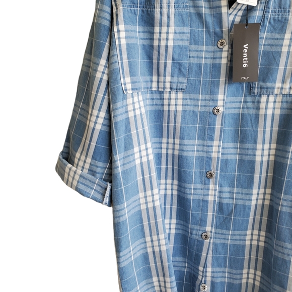 Venti6 Plaid White Blue Tunic Dress Button Up Chunky Collar Raw Hem Size Small - Picture 4 of 10